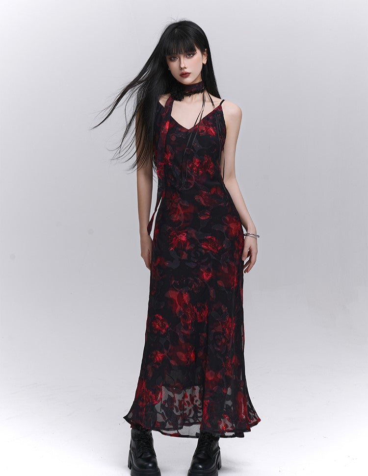 open lace back dress Black and Red Floral Suspender Dress LAD0185 – Young Social Club