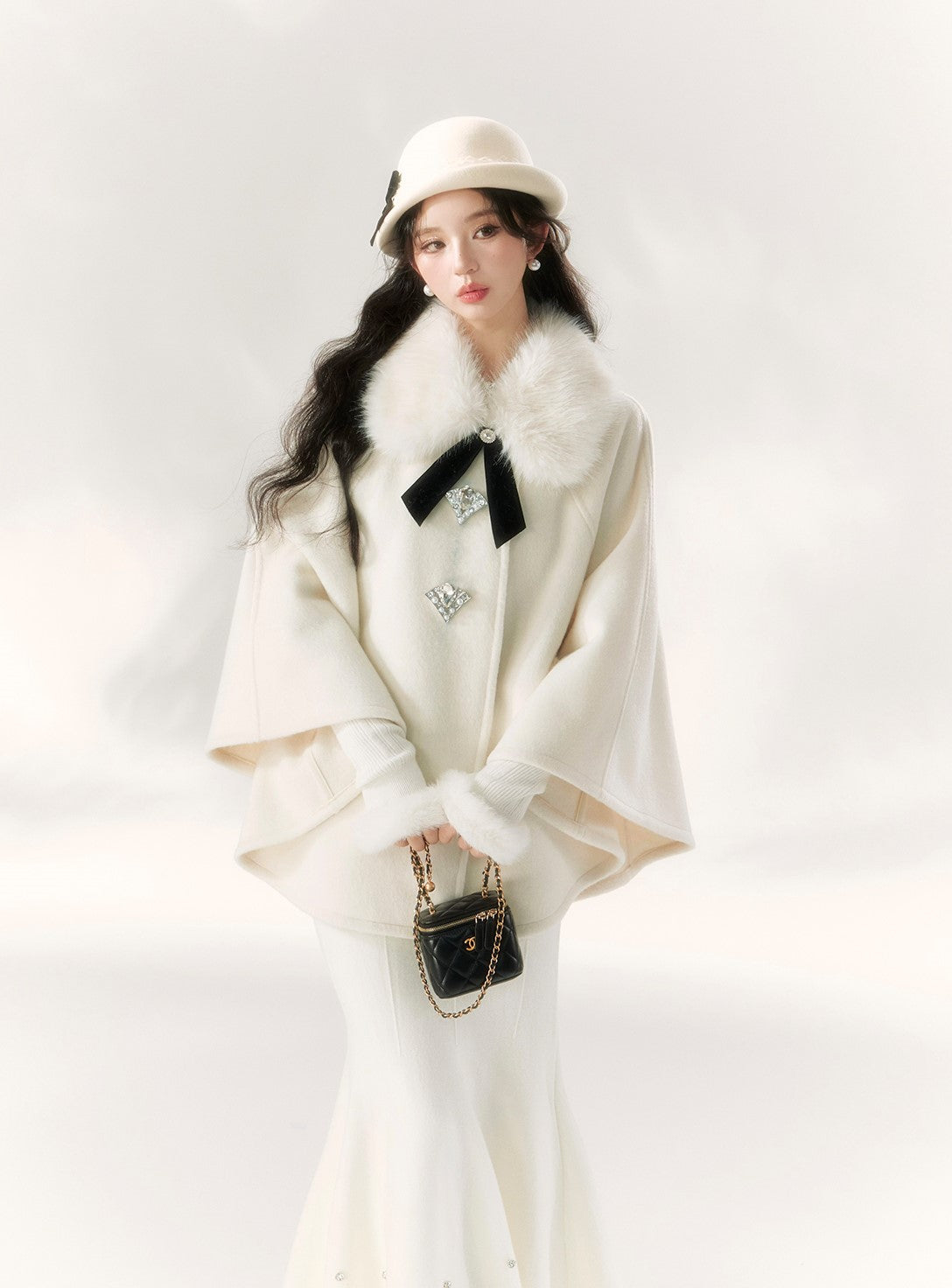 Ribbon Diamond Button Fur Collar Cape BBB0091 – Young Social Club.