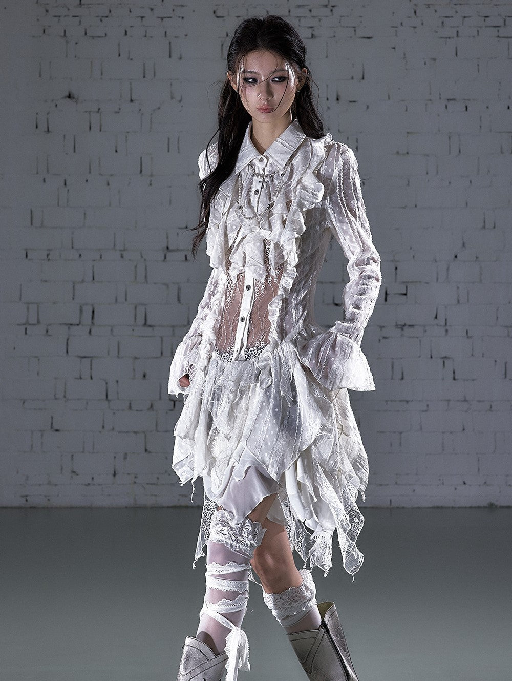 Patchwork Lace Chiffon Irregular Long Shirt Dress NOR0247 Young Social Club. Patchwork Lace Chiffon Irregular Long Shirt Dress NOR0247 Young Social Club.
