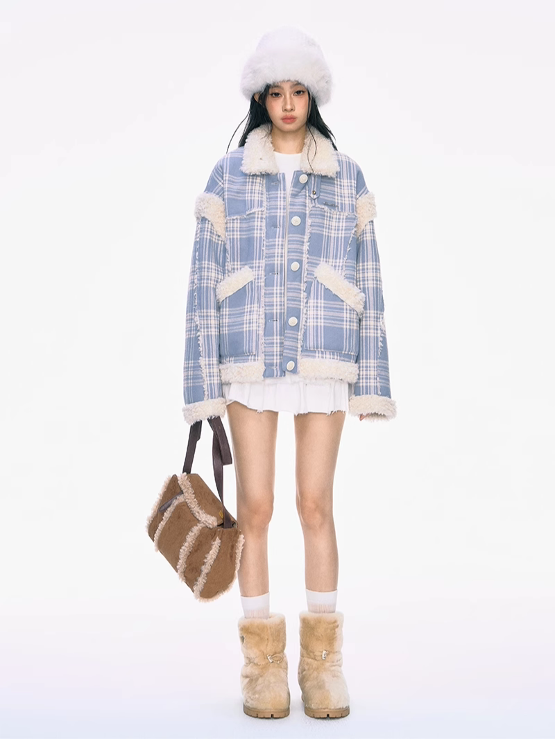 Fur Collar Blue Plaid Jacket PUN0035