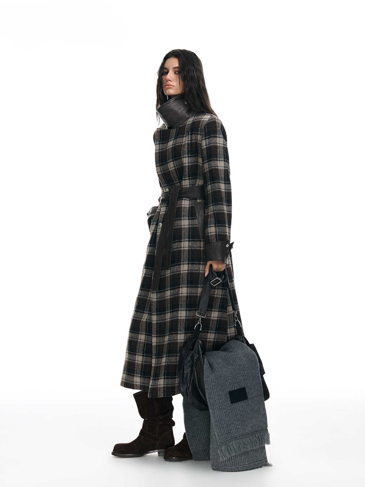 Plaid Leather Slim Mid-Length Long Coat WES0209