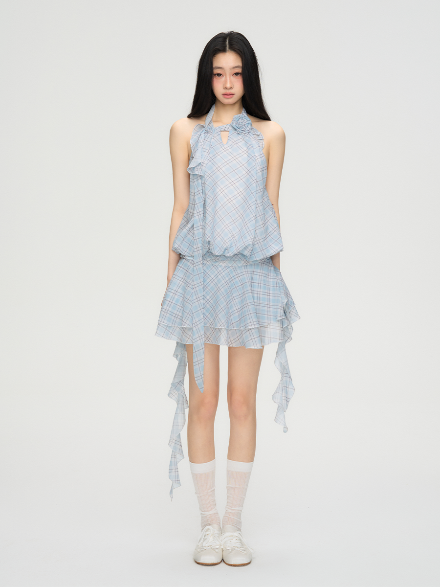 Flower Backless Plaid Irregular Dress PUN0073