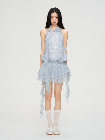 Flower Backless Plaid Irregular Dress PUN0073