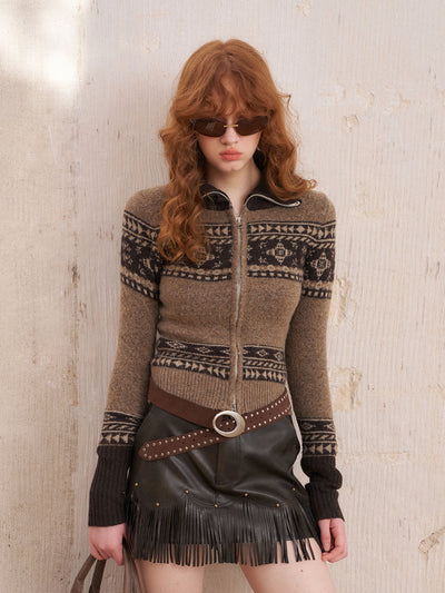 Zipper Isle Jacquard Knitted Cardigan DID0218