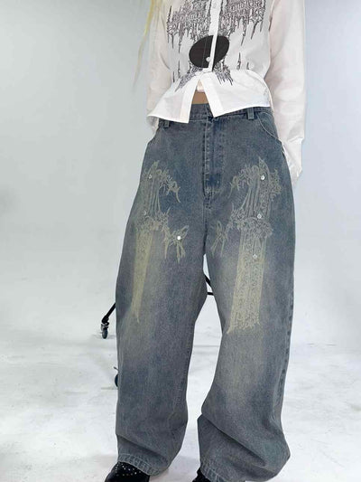 Pillar Decorated Washed Jeans ELY0022