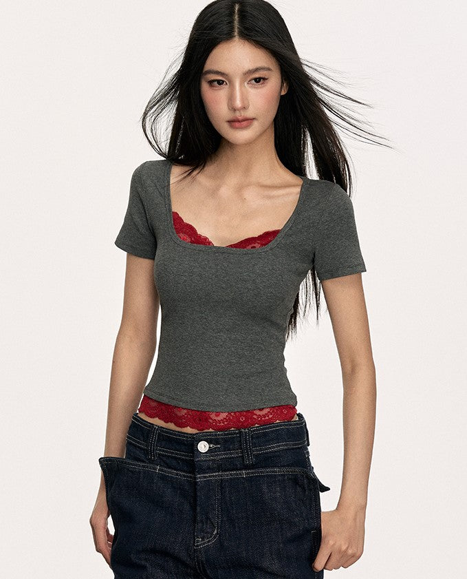 Lace Ribbed Fake Two-piece T-shirt ANA0005