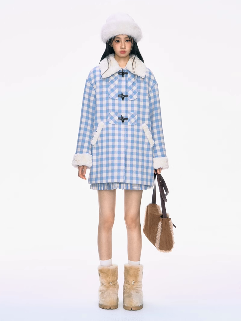 Fur Collar Horn Button Blue Plaid Cotton Coat PUN0031