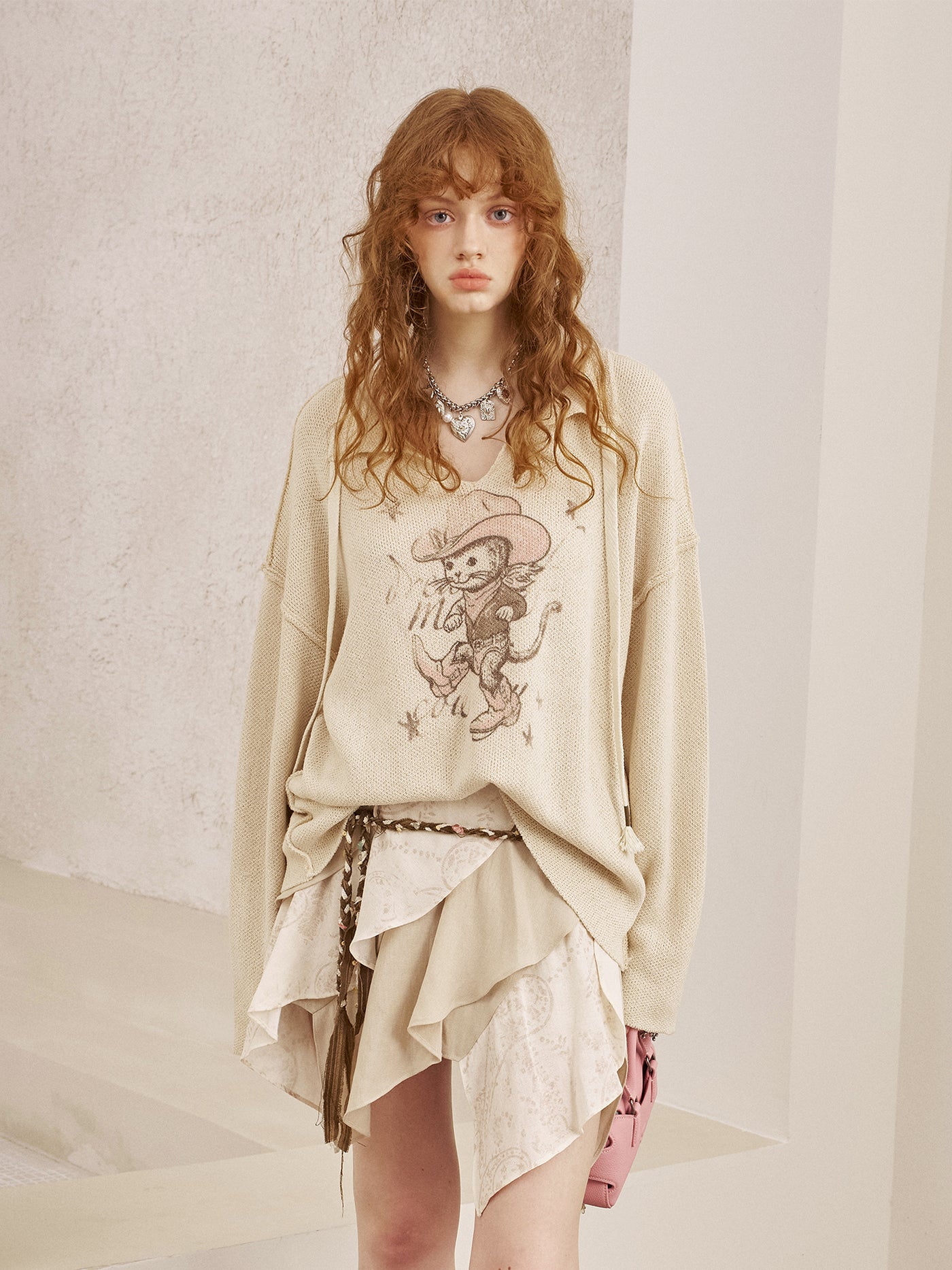 Cat Print V-neck Loose Sweater DID0254