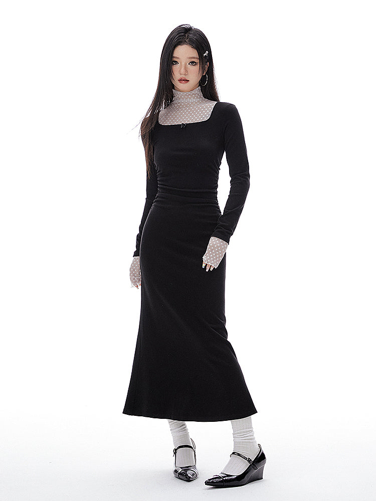 Fake Two-piece Pleated Waist Mesh Half-turtleneck Mermaid Tail Dress IMO0070