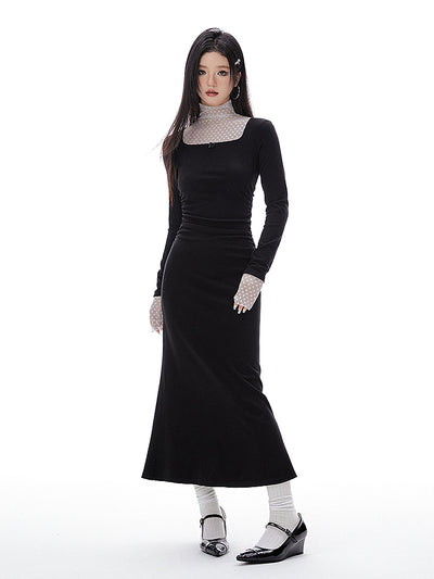 Fake Two-piece Pleated Waist Mesh Half-turtleneck Mermaid Tail Dress IMO0070