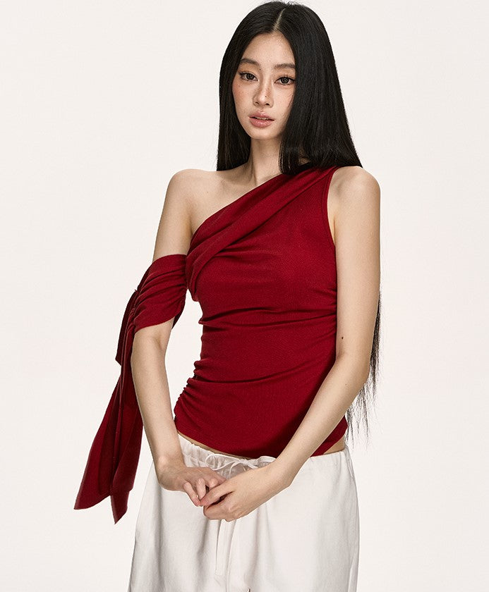 Irregular Oblique Shoulder Ribbon Red Top ANA0013