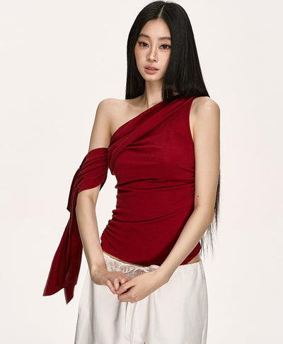 Irregular Oblique Shoulder Ribbon Red Top ANA0013