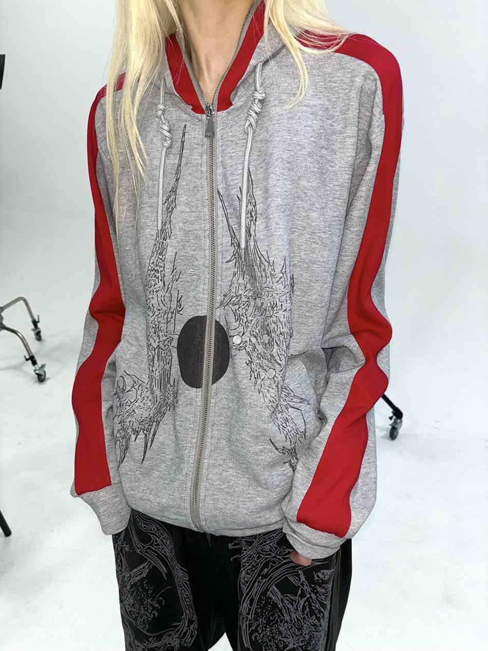 Red Line Hooded Patchwork Sweatshirt Jacket ELY0024