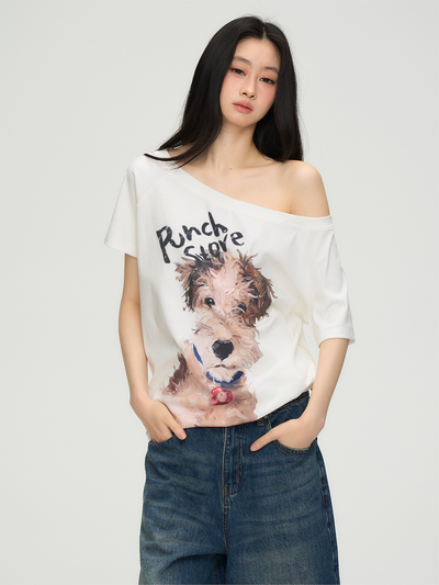 Puppy Print One Shoulder T-shirt PUN0069
