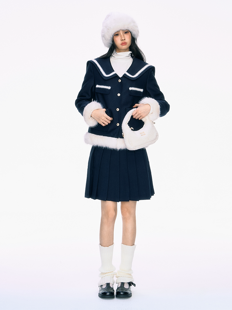 Navy Blue Large Collar Fur Cotton Jacket/Pleated Skirt PUN0038