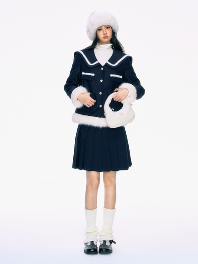 Navy Blue Large Collar Fur Cotton Jacket/Pleated Skirt PUN0038