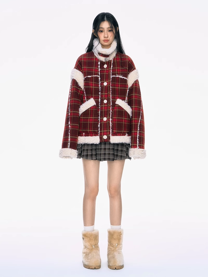 Red Plaid Woolen Fur Coat PUN0040