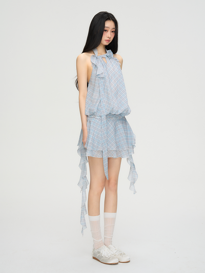 Flower Backless Plaid Irregular Dress PUN0073