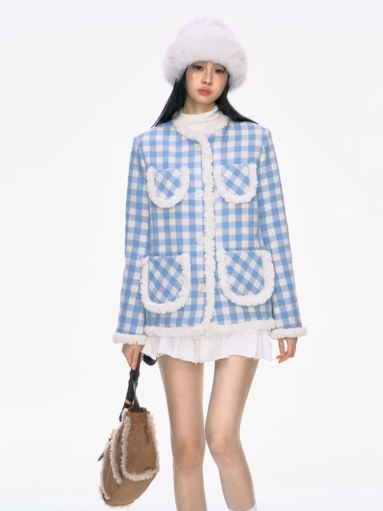 Fur Edge Blue Plaid Cotton Jacket PUN0030