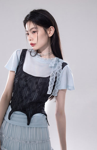 Clear Sky Lace T-shirt+Hollow Vest COT0257
