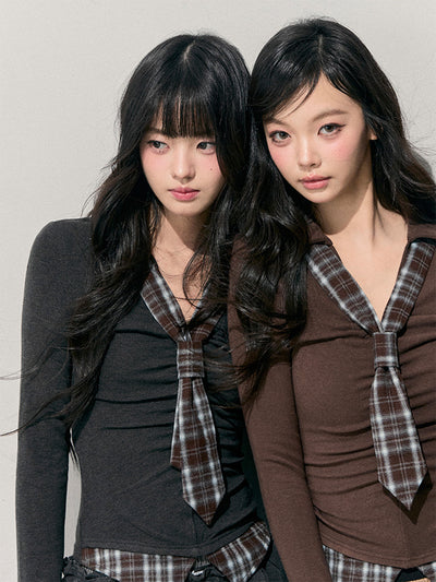 Faux Two-Piece Plaid Tie T-Shirt DIA0746