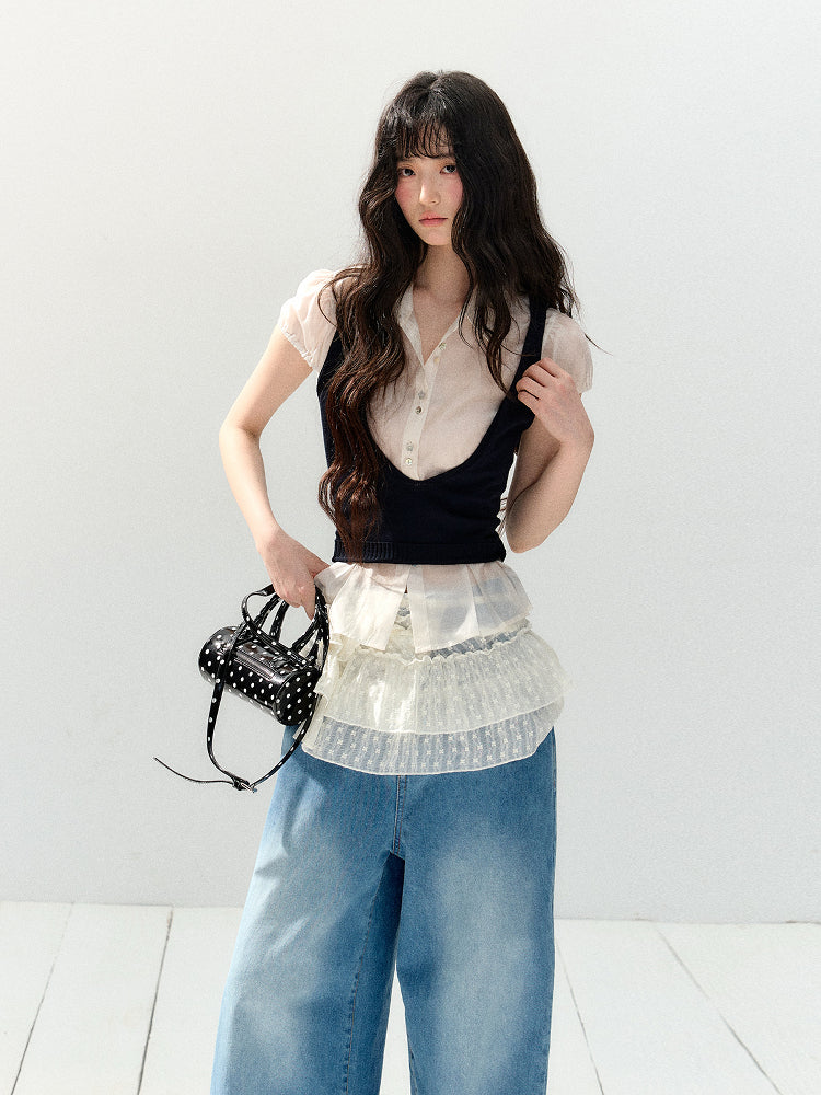 White Shirt/Ruffle Lace Skirt SHI0137