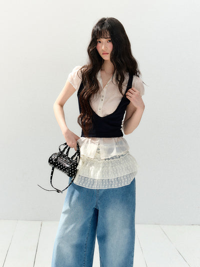 White Shirt/Ruffle Lace Skirt SHI0137