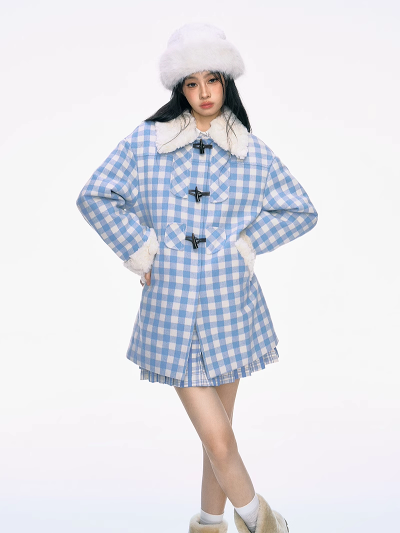 Fur Collar Horn Button Blue Plaid Cotton Coat PUN0031