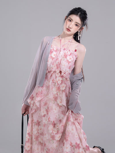 Beaded Floral Print Suspender Dress COT0273