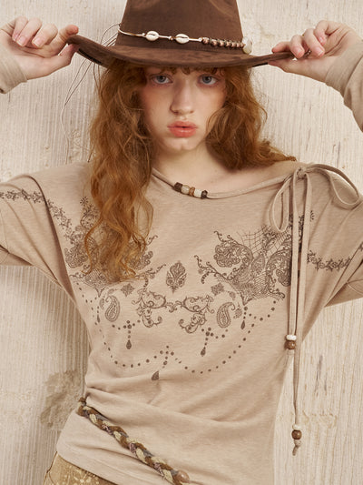 Retro Totem Print Beaded T-shirt DID0253
