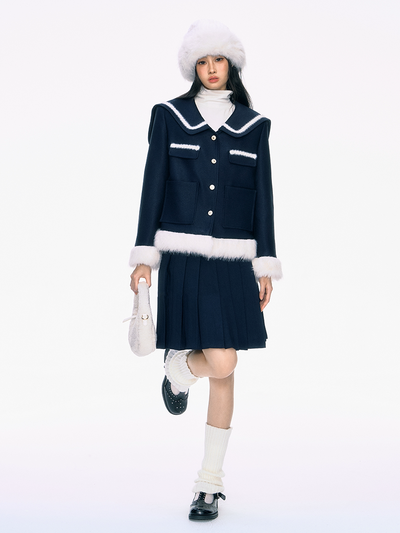 Navy Blue Large Collar Fur Cotton Jacket/Pleated Skirt PUN0038