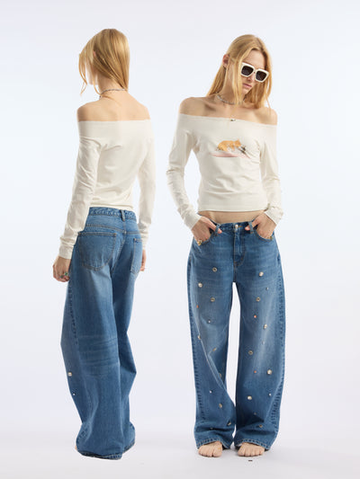 Jewel-embellished Loose Straight Jeans AOA0038