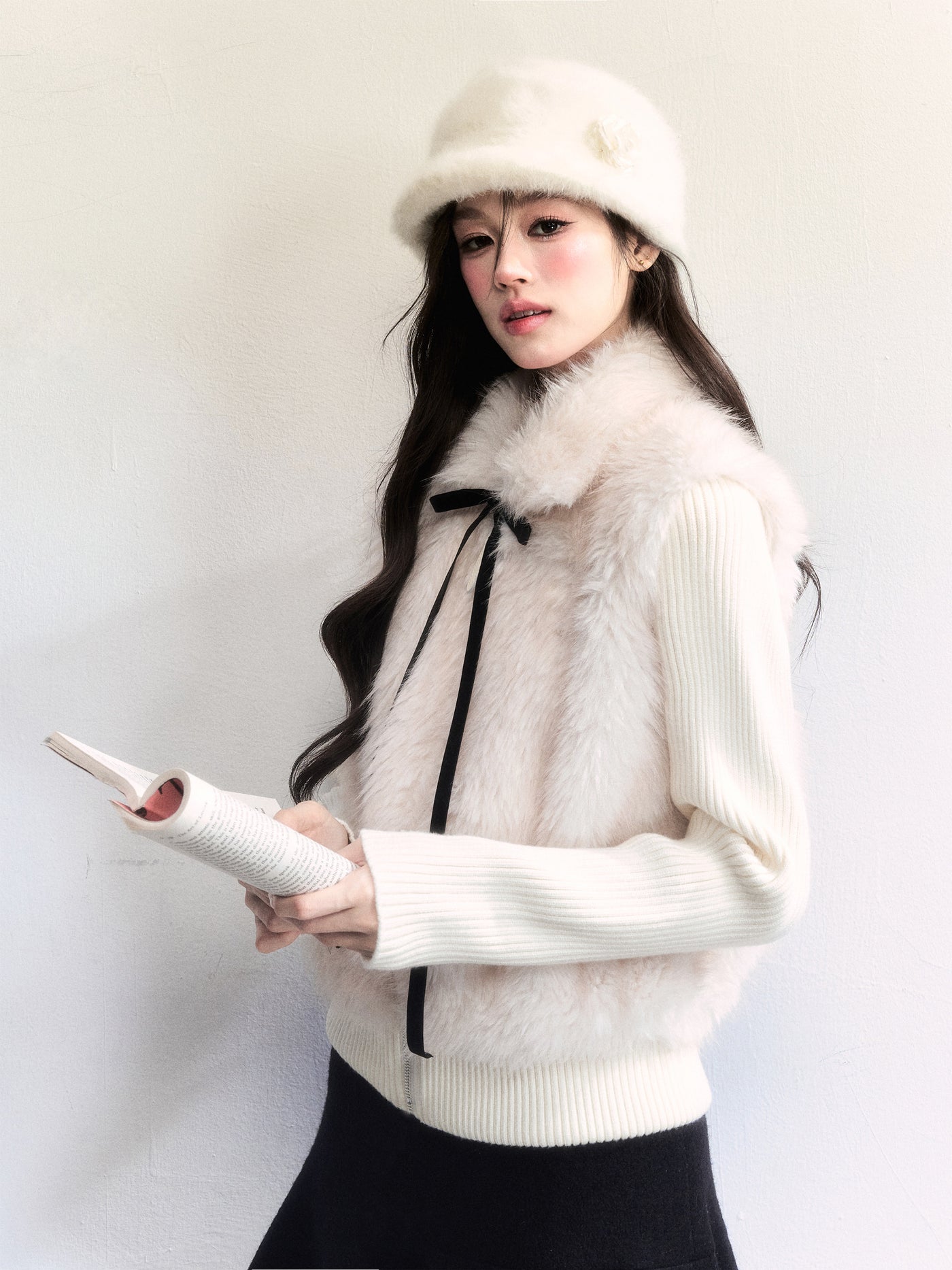 Detachable Bow Collar Faux Fur Knitted Jacket FRA0510