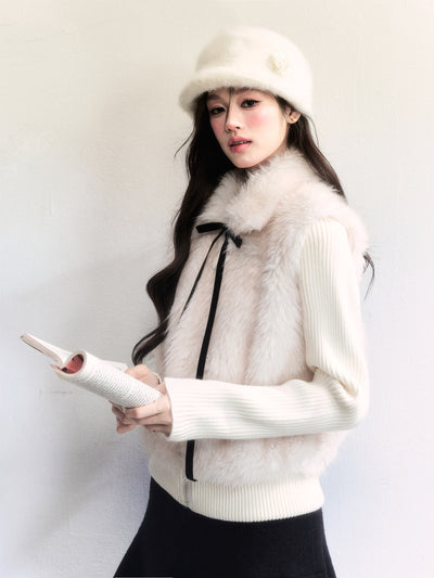 Detachable Bow Collar Faux Fur Knitted Jacket FRA0510