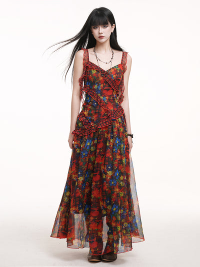 Red Floral Suspender Dress LAD0168