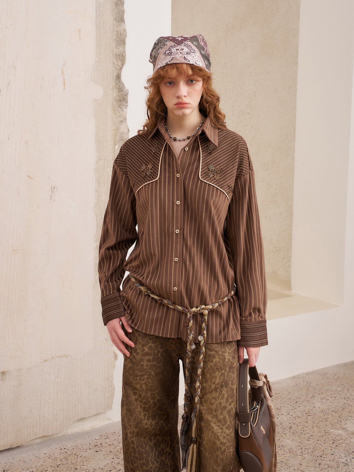 Suede Beaded Retro Striped Shirt DID0215
