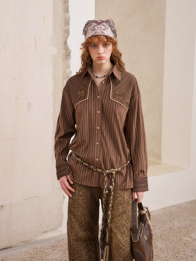 Suede Beaded Retro Striped Shirt DID0215