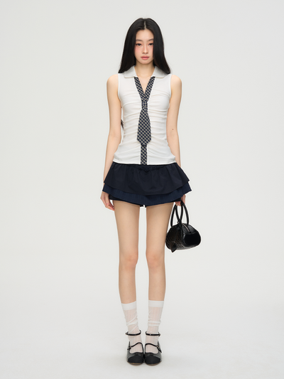 Plaid Tie Slim Sleeveless Shirt PUN0061
