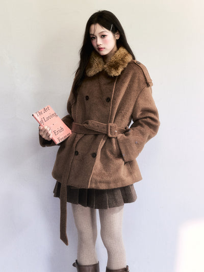 Brown Fur Collar Wool Coat FRA0501