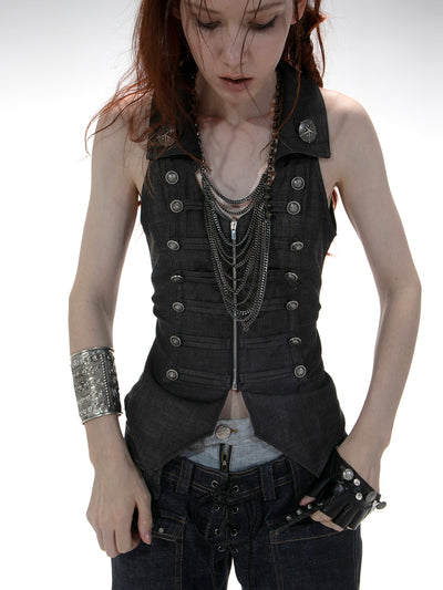 V-neck Metal Slim Zipper Vest DOU0131
