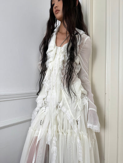 Pleated Ribbon Ruffled Chiffon Shirt DOU0124
