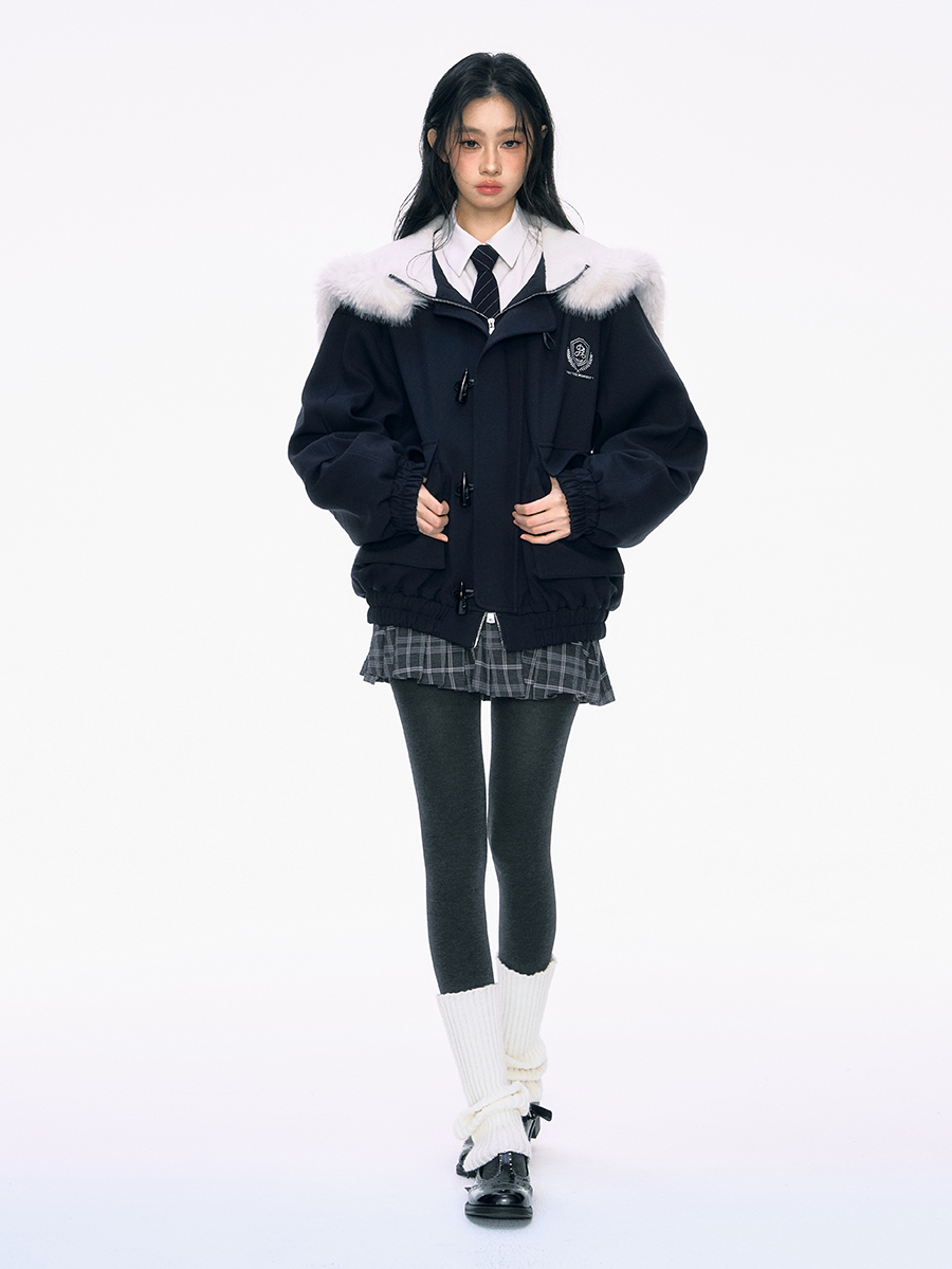 Navy Blue Fur Large Collar Cotton Jacket PUN0037