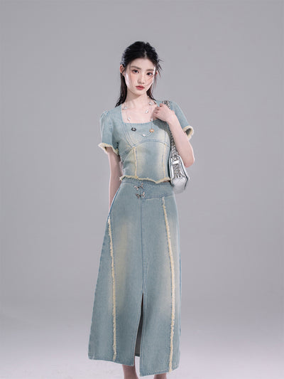 Raw-edge Denim Top/Slit Skirt COT0266
