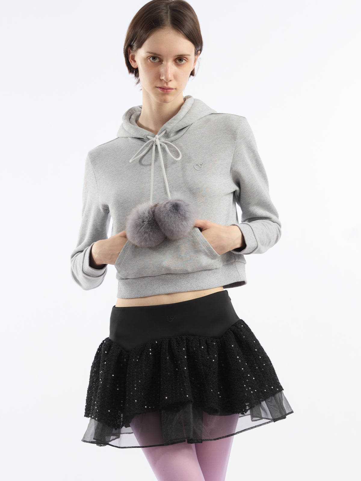 Cropped Long-sleeved Pompom Hoodie AOA0035