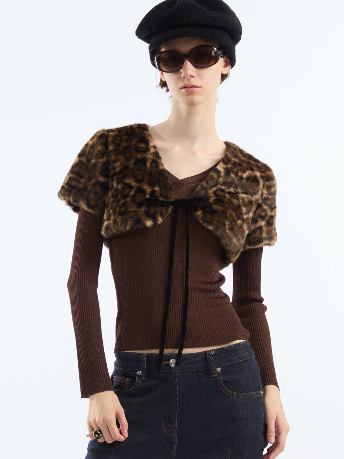 Leopard Print Cropped Eco-Fur Jacket AOA0036