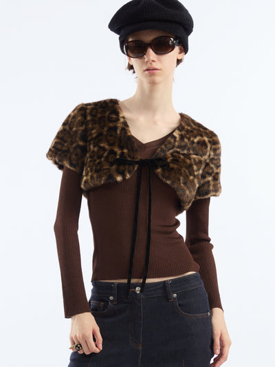Leopard Print Cropped Eco-Fur Jacket AOA0036