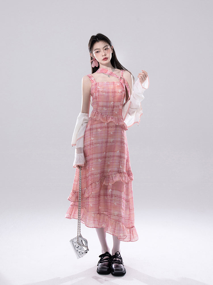 Check Butterfly Print Dress COT0260