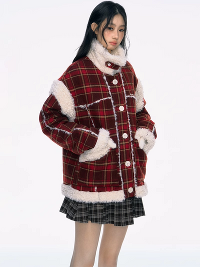 Red Plaid Woolen Fur Coat PUN0040