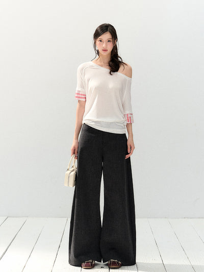 Oblique Shoulder Plaid T-shirt SHI0142