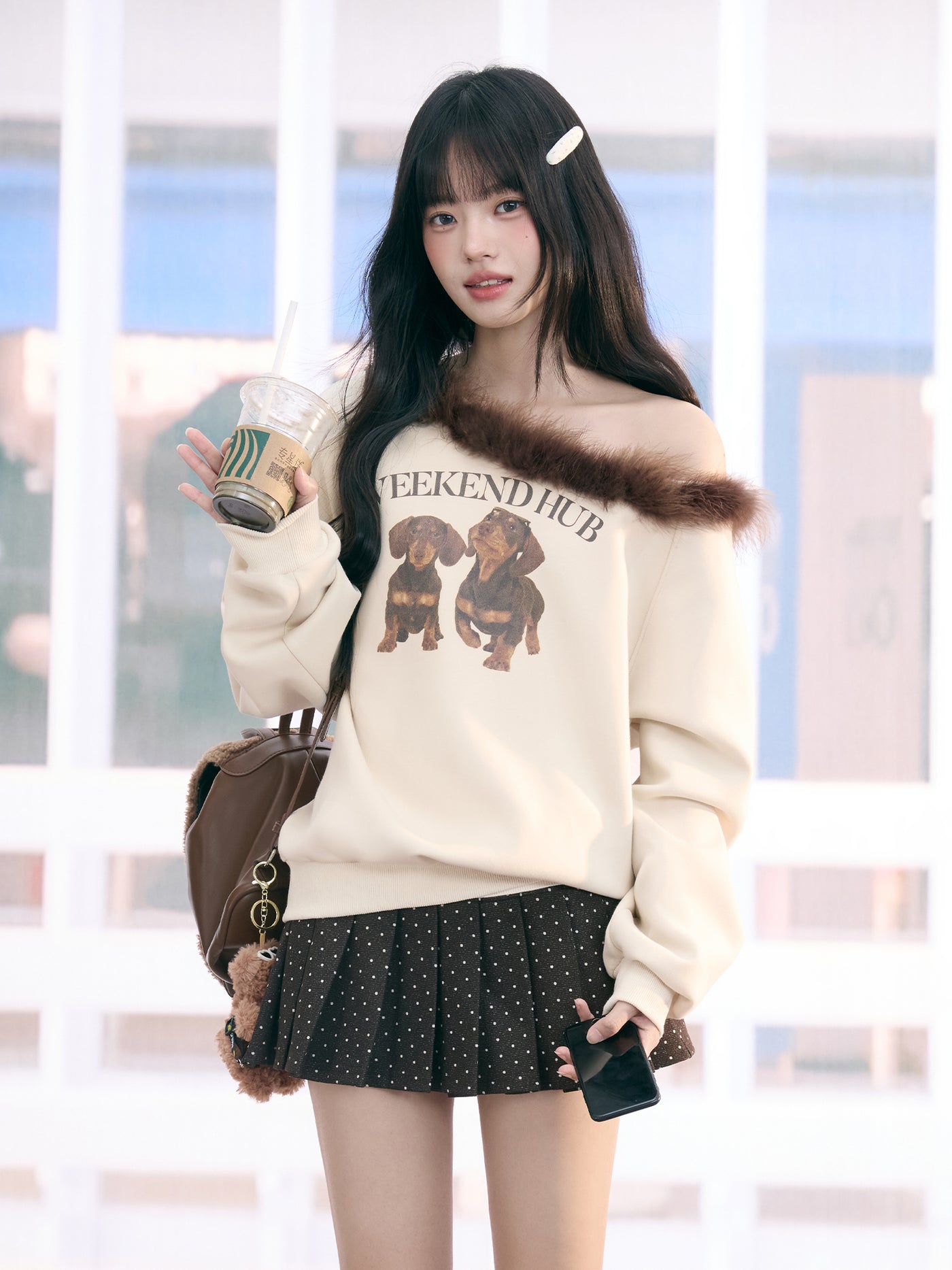 American Retro Print Off-Shoulder Sweatshirt WEE0076